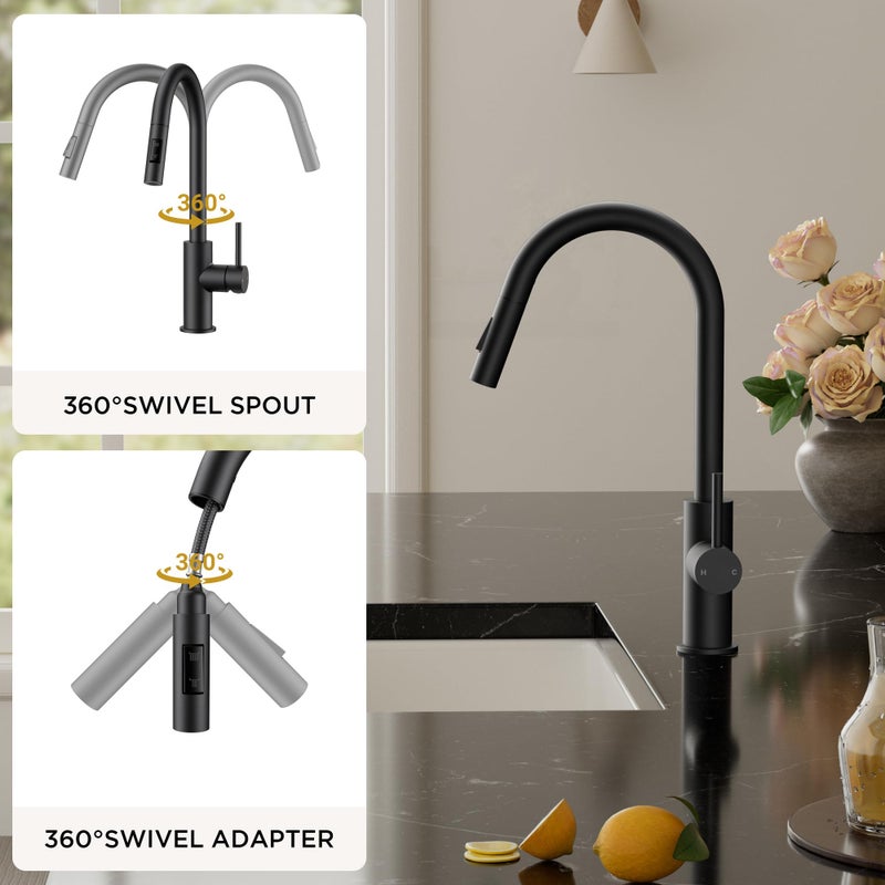 FORIOUS Black Kitchen Faucet with Pull Down Sprayer,Stainless Steel High Arc Gooseneck Modern Sink Faucet with CUPC Ceramic Cartridge, Single Handle Stainless Steel and Deck Plate - Image 5